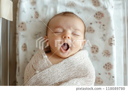 Adorable newborn baby yawning lying in crib Adorable newborn baby yawning lying in crib 118089780