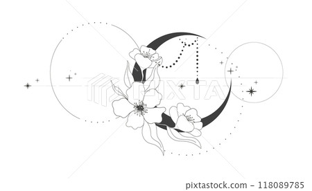 Elegant thin line moon flower contour tattoo, floral spiritual mystic element, Esoteric boho magic illustration, Line, leaves and dors decoration Elegant thin line moon flower contour tattoo, floral spiritual mystic element, Esoteric boho magic illustration, Line, leaves and dors decoration 118089785