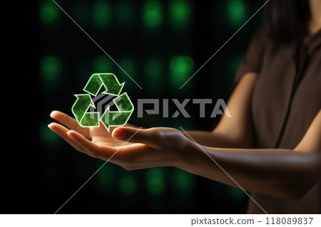 Recycle symbol on hand and bag, sustainable and eco environment concept. Generative AI 118089837