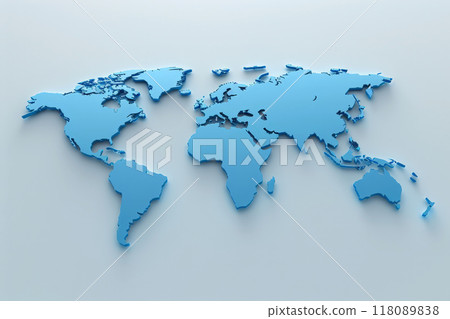 Minimalistic 3D world map on a soft blue gradient background. Simplified earth representation. Generative AI 118089838