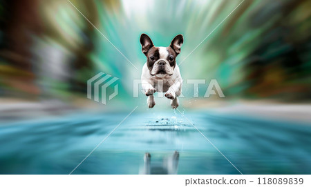 a cute French bulldog jumping high motion zoom-burst towards the camera, whimsical 118089839