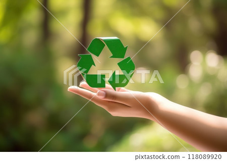 Recycle symbol on hand and bag, sustainable and eco environment concept. Generative AI 118089920