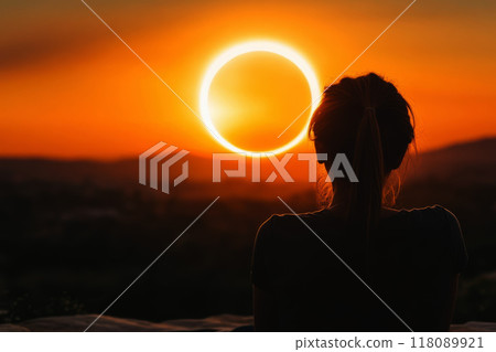 rear view of woman looking at solar eclipse in the sky. 118089921