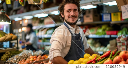 Greengrocer smiling at grocery store with fresh produce 118089949