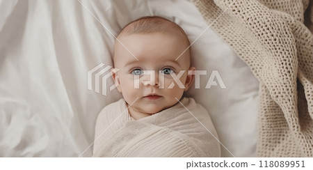 Adorable baby lying on back and looking up wrapped in blanket 118089951