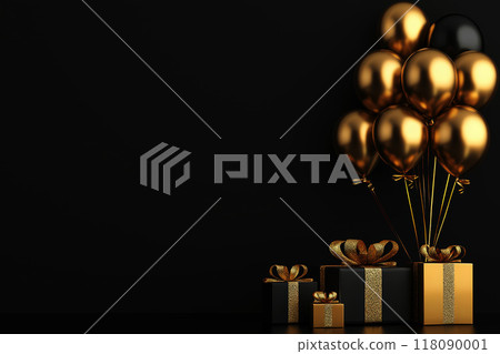Balloons and gift boxes on dark background black Friday concept surprise . 118090001