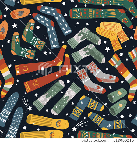 Seamless pattern with snowflakes and different doodle hand drawn socks on dark background. Vector illustration 118090210
