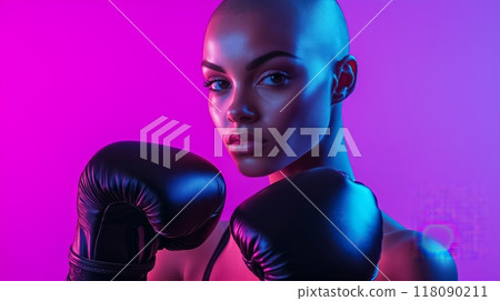 Strong woman wearing boxing gloves fighting breast cancer 118090211