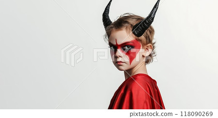 Boy wearing devil costume posing for halloween celebration 118090269