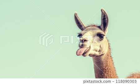 Funny llama sticking out tongue on green background 118090303
