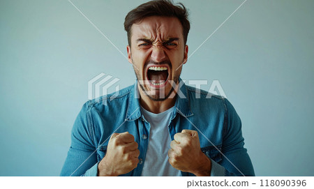 Generative ai illustration of  a angry and aggressive young man crying his rage 118090396