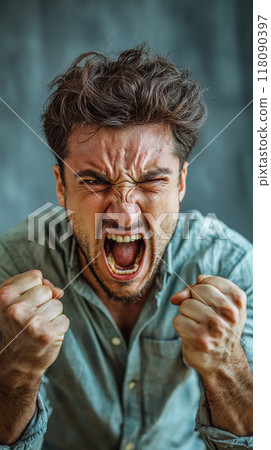 Generative ai illustration of  a angry and aggressive young man crying his rage 118090397