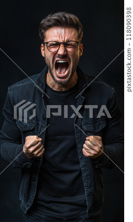 Generative ai illustration of  a angry and aggressive young man crying his rage 118090398