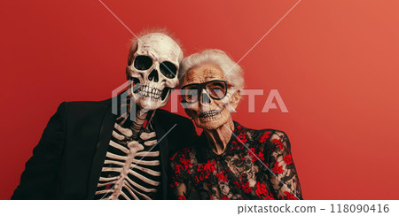 Generative ai illustration of a aged Couple in Halloween skeleton costumes Generative ai illustration of a aged Couple in Halloween skeleton costumes 118090416