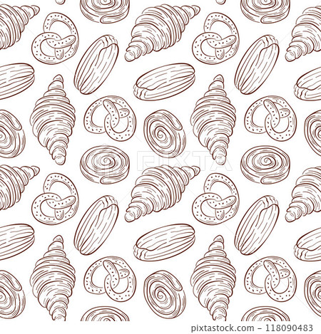 Seamless pattern with bakery food croissant, pretzel, roll and eclair. Hand drawn design for packaging, backgrounds, menu, cafe, restaurant. Seamless pattern with bakery food croissant, pretzel, roll and eclair. Hand drawn design for packaging, backgrounds, menu, cafe, restaurant. 118090483