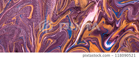 Abstract fluid art background dark purple and golden colors. Liquid marble. Acrylic painting with violet gradient. Abstract fluid art background dark purple and golden colors. Liquid marble. Acrylic painting with violet gradient. 118090521