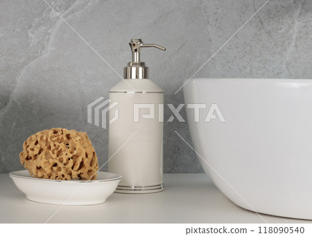 Minimalist Bathroom Decor with Sponge and Soap Dispenser Minimalist Bathroom Decor with Sponge and Soap Dispenser 118090540