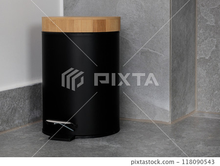 Black Pedal Trash Can with Bamboo Lid in Corner Setting 118090543