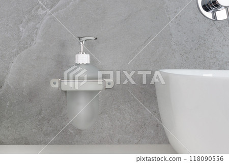 Wall-Mounted Frosted Glass Soap Dispenser in Modern Bathroom 118090556