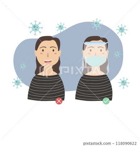 people using face shield and mask illustration people using face shield and mask illustration 118090622