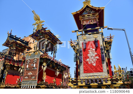 Takayama City, Gifu Prefecture, Japan - A full lineup of floats at the Takayama Festival held in 2017 - the first competition between spring and autumn festival floats in 55 years Takayama City, Gifu Prefecture, Japan - A full lineup of floats at the Takayama Festival held in 2017 - the first competition between spring and autumn festival floats in 55 years 118090646