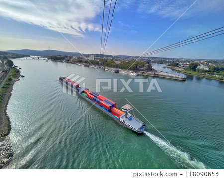 A cargo ship sailing along the Rhine in Koblenz, Germany 118090653