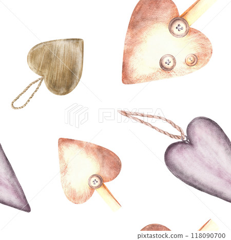 Hearts on rope, cord with button. Watercolor lilac, beige keychain or for Valentines Day seamless pattern. Vintage Love. Hand drawn illustration fabric, wallpaper, packaging isolated from background Hearts on rope, cord with button. Watercolor lilac, beige keychain or for Valentines Day seamless pattern. Vintage Love. Hand drawn illustration fabric, wallpaper, packaging isolated from background 118090700