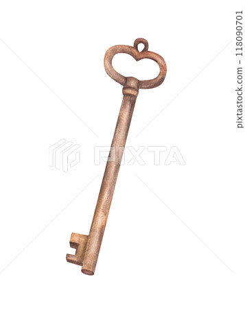 Rusty key bronze old element, subject. Watercolor hand drawn illustration. Vintage Castle, lock key. Retro style clipart for your design, gift card, decoration, scrapbooking. Isolated from background 118090701