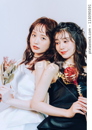Same-sex couple wedding photoshoot in studio 118090891