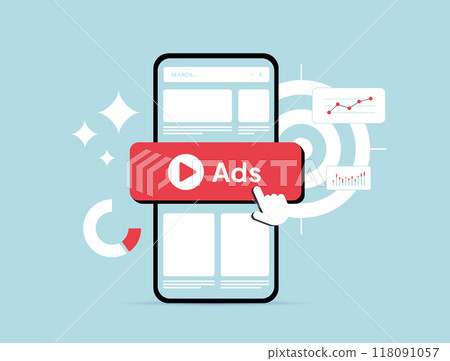 Targeted mobile advertising with personalized ads, location-based marketing, mobile user data, in-app ads and audience targeting. Online digital marketing with mobile ad campaigns illustration 118091057