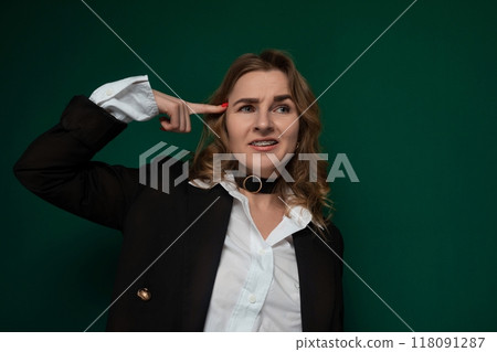 Woman in White Shirt and Black Jacket 118091287