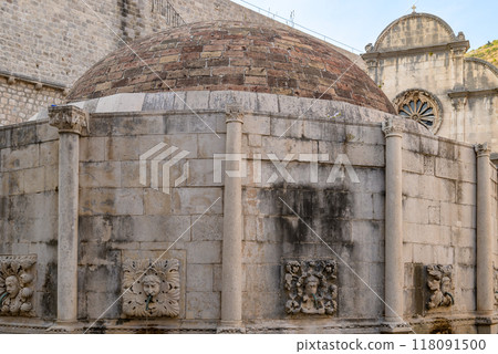 Large Onofrio's Fountain, circular springwater fountain in Old Town Dubrovnik, Croatia 118091500