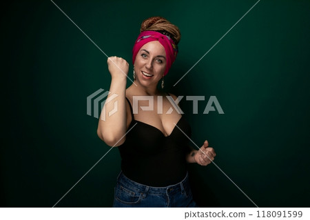 Woman in Black Top and Pink Headband Woman in Black Top and Pink Headband 118091599