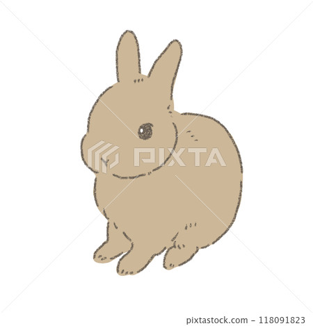 A deformed illustration of a brown rabbit sitting facing forward, line drawing A deformed illustration of a brown rabbit sitting facing forward, line drawing 118091823