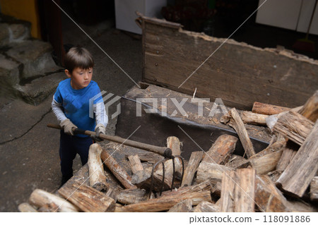 Toddler boy in work gloves unloads a trailer with firewood against the background of a rural yard. Concept of helping in the family, family values. 118091886