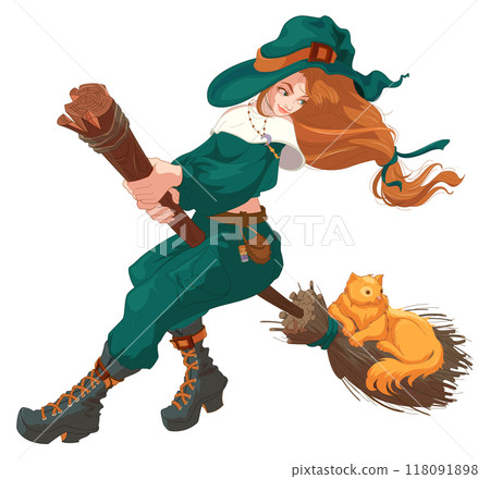 Young woman witch flying on broom and looking at red cat halloween festival holiday Young woman witch flying on broom and looking at red cat halloween festival holiday 118091898