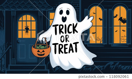 Halloween ghost with trick or treat message for festive design 118092061