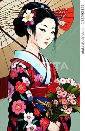A Glimpse of Elegance: A Japanese Geisha in Her Kimono 118092321