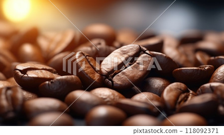 Close up of roasted coffee beans with a warm backlight background 118092371
