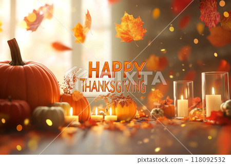 Happy thanksgiving text with pumpkins, candles, warm autumn leaves Happy thanksgiving text with pumpkins, candles, warm autumn leaves 118092532