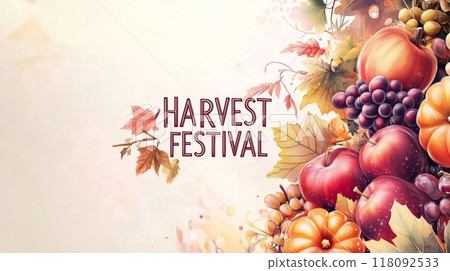Autumn fruits and vegetables with leaves on beige background with harvest festival text 118092533