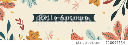 Autumn leaves with berries and hello autumn text on beige background Autumn leaves with berries and hello autumn text on beige background 118092534