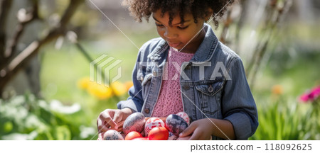 African american child holding basket of colorful Easter eggs in sunny garden 118092625