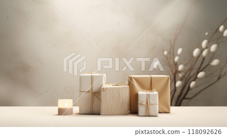 Multiple beige presents in japandi, wabi sabi style minimalist background 118092626