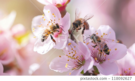 Close up of bees on soft pink cherry blossoms, natural macro spring background 118092627