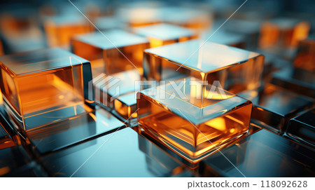 3D abstract background of reflective teal and orange glass cubes with copy space 118092628