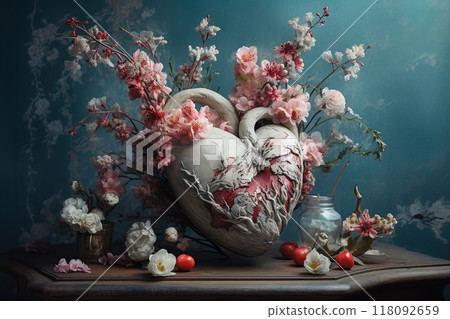 Surreal heart with blooms, Victorian Valentine's theme, book cover 118092659
