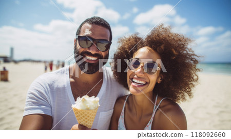 POC young adult couple enjoying time on beach. Summer holiday, man and woman POC young adult couple enjoying time on beach. Summer holiday, man and woman 118092660
