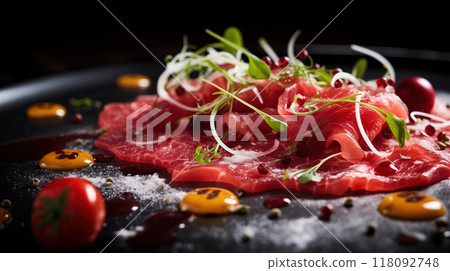 Carpaccio served lakshari style in the kitchen. A traditional Italian food. Carpaccio, a Culinary Masterpiece 118092748