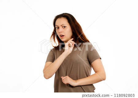 Woman turns away in fear. Close-up. White background. The concept of human emotions Woman turns away in fear. Close-up. White background. The concept of human emotions 118092803